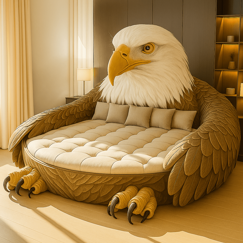 Eagle-shaped novelty sofa with soft beige tones and lifelike claw and feather detailing in a bright living area.
