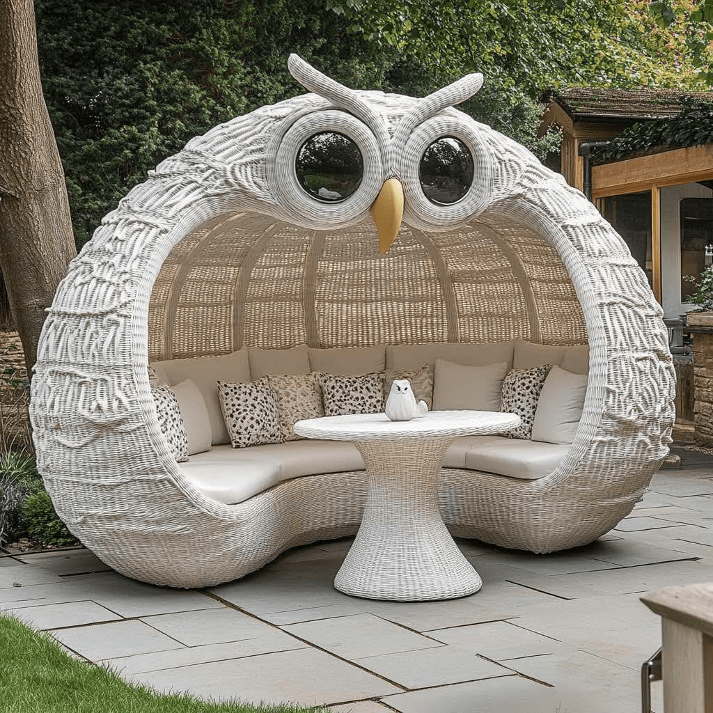 White owl-shaped rattan sofa with cream cushions and round table on light stone paving
