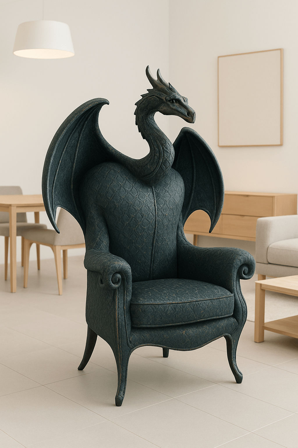 Teal and black dragon-shaped armchair featuring subtle scale patterns and a striking dragon head design.