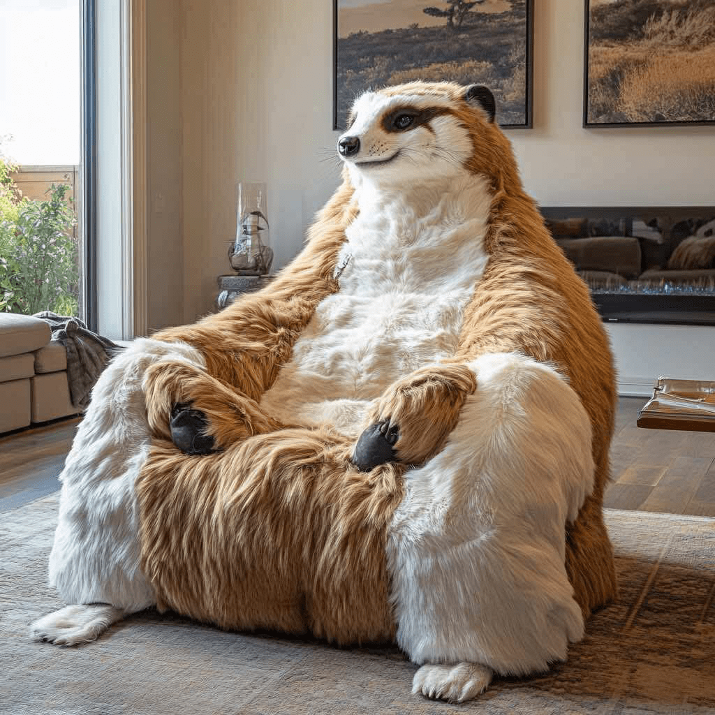 Life-sized meerkat-shaped chair in brown and cream faux fur sitting in a modern living room