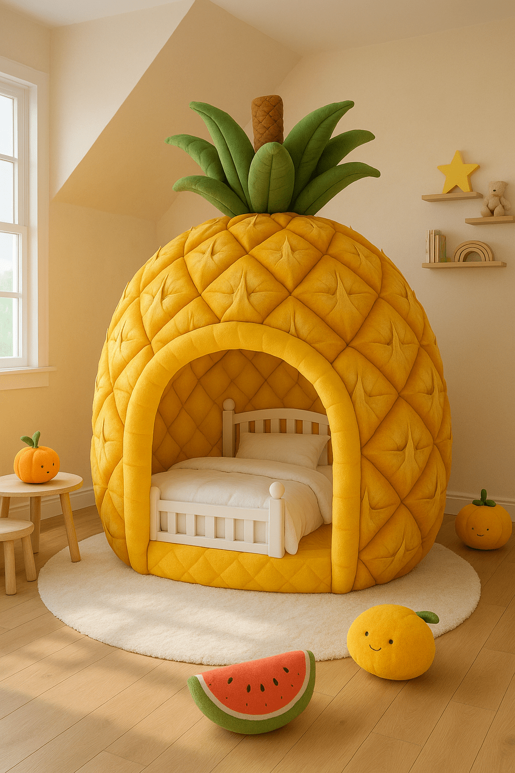 Bright yellow pineapple-shaped children’s bed with quilted pattern and green leafy crown