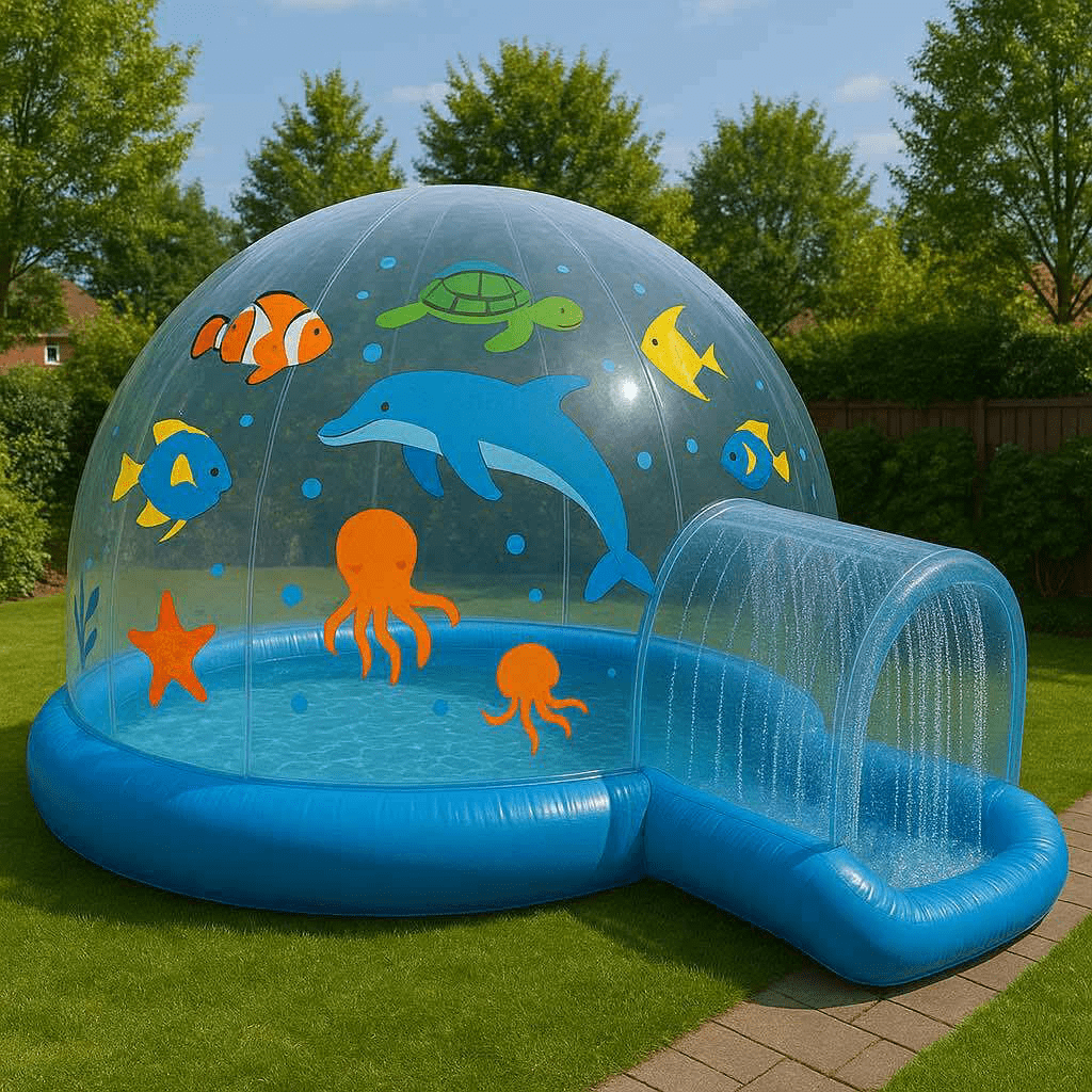 Blue inflatable dome paddling pool with dolphin, clownfish, and octopus graphics on a sunny garden lawn