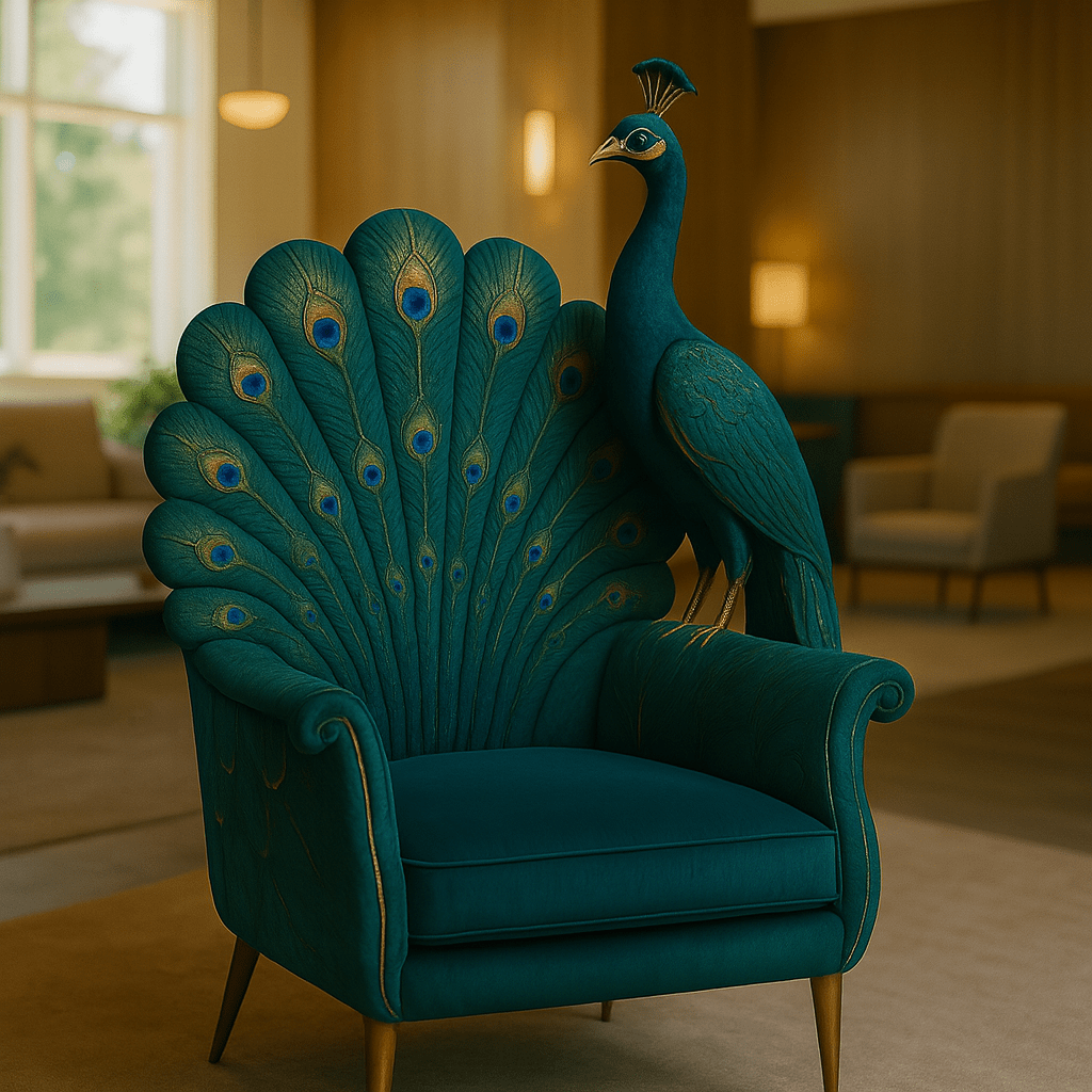 Teal peacock armchair with detailed green and blue feather designs and a perched teal peacock sculpture.