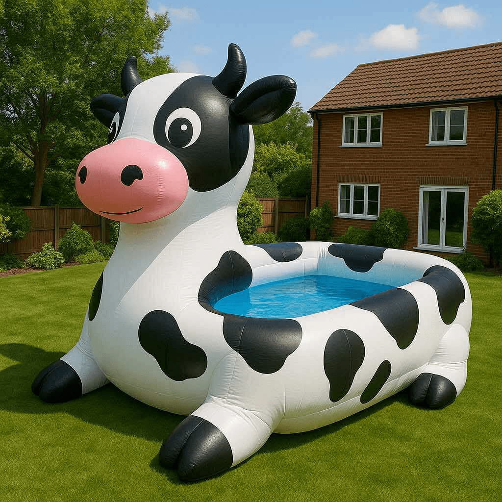 Large cow-shaped inflatable paddling pool with black spots and pink snout on garden lawn