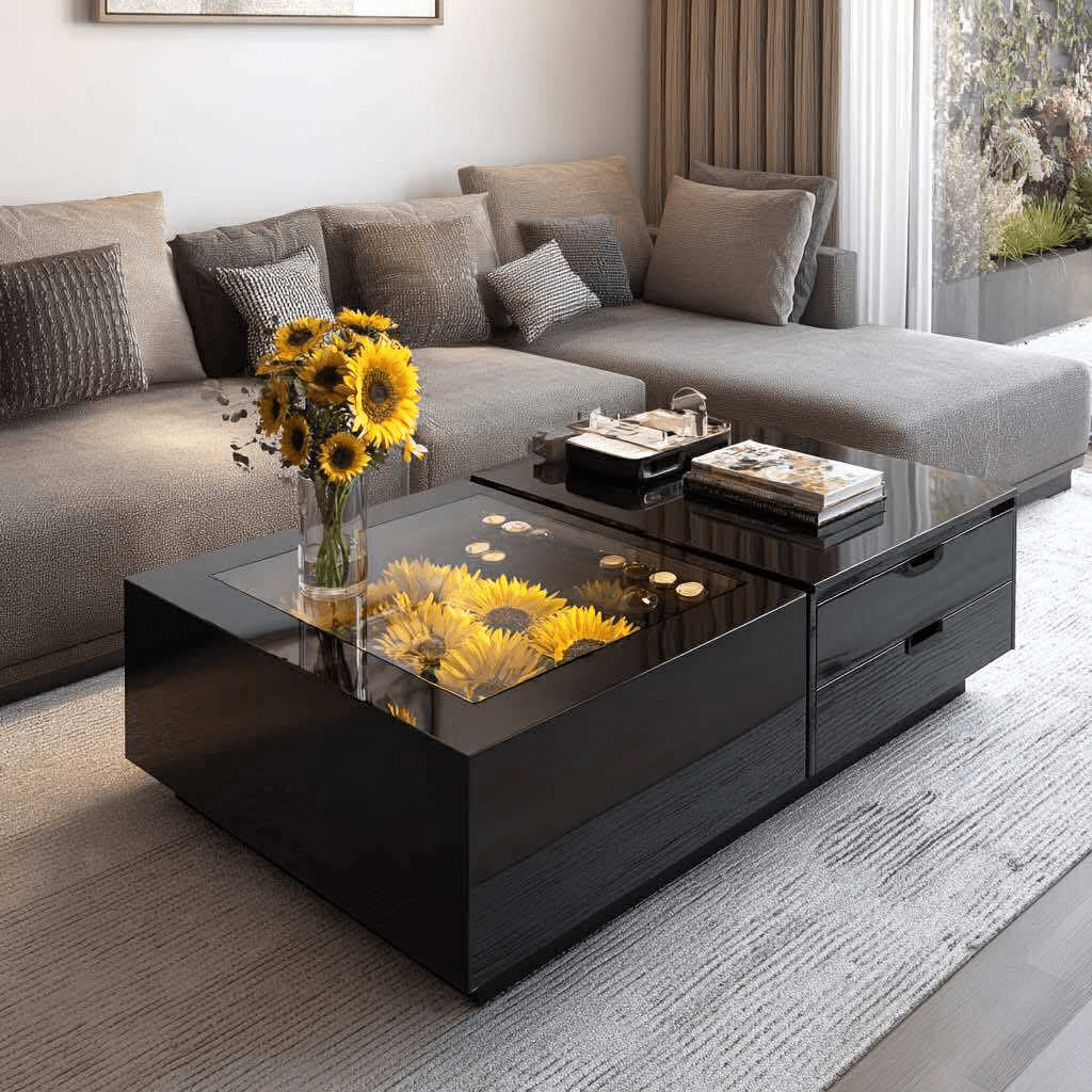  Black coffee table with sunflowers under glass and storage drawers in contemporary living room