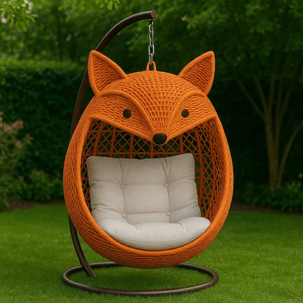 Fox-inspired orange hanging garden chair with white cushion and upright ears in a lush garden