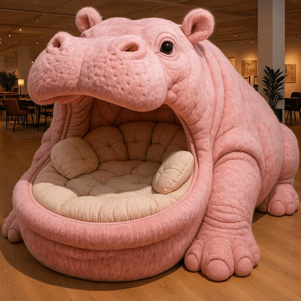 Soft pink oversized hippo-shaped bed with plush beige seating cushions