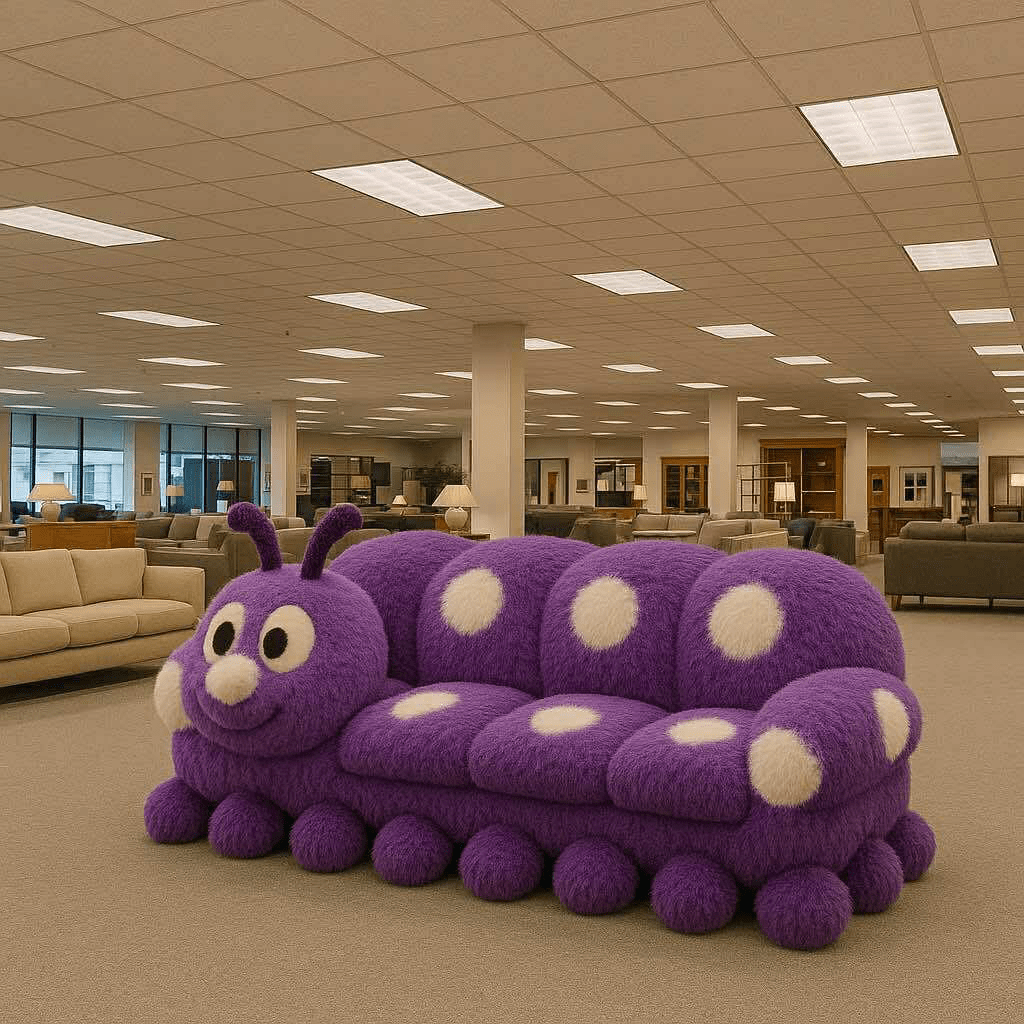 Vibrant purple caterpillar sofa with white spots and cartoon face in a well-lit furniture store