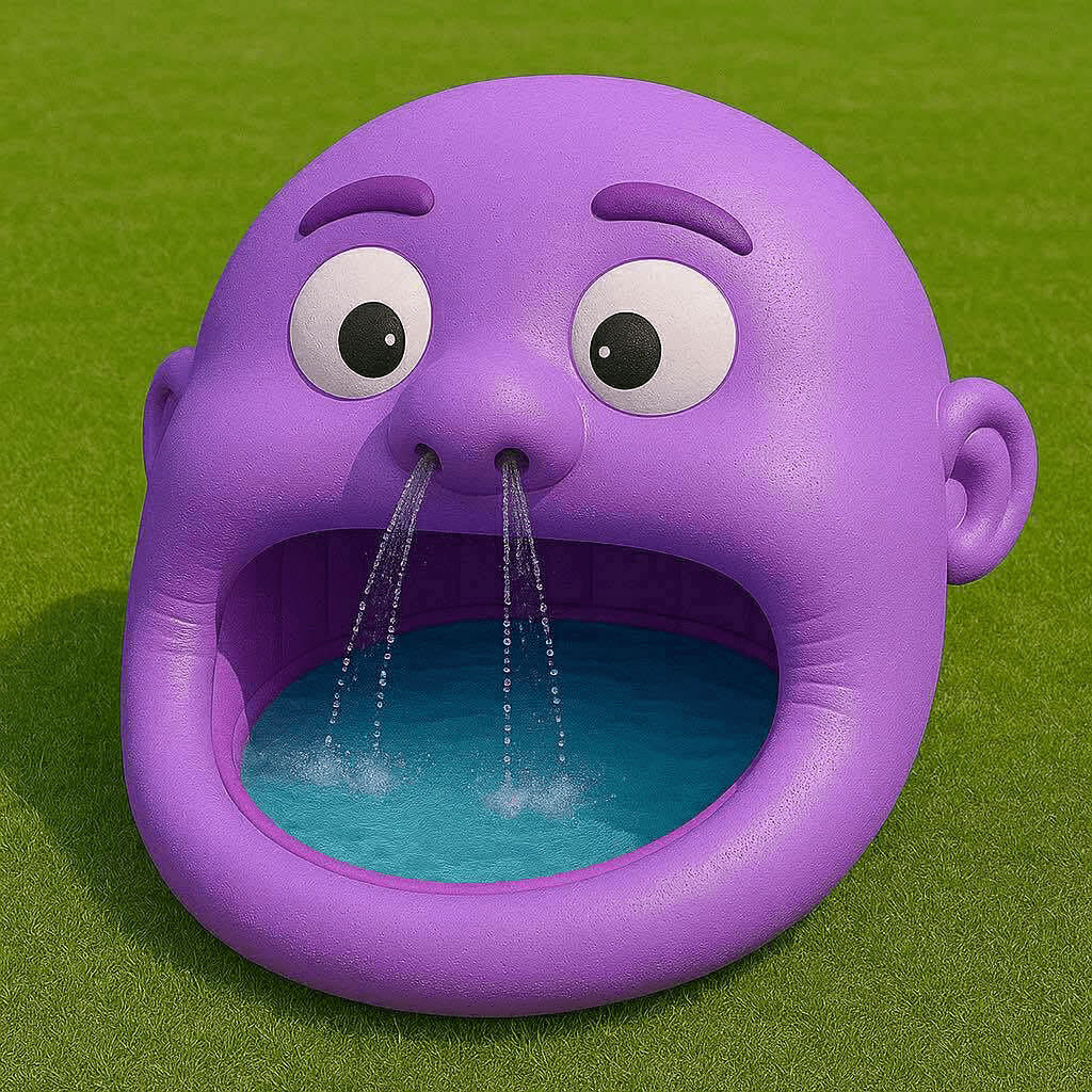 Giant purple head-shaped paddling pool with nose water sprayers in a grassy garden