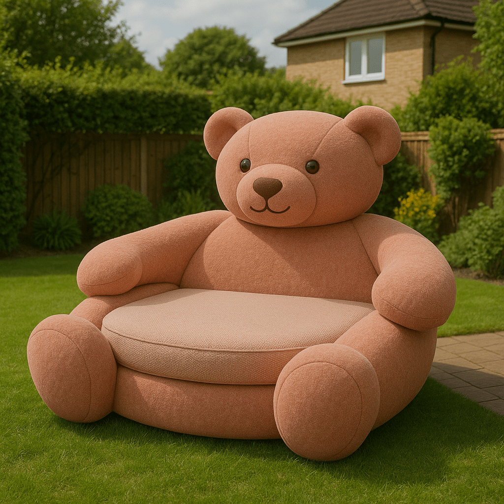 Peach oversized teddy bear daybed with a beige seat cushion in a garden setting.