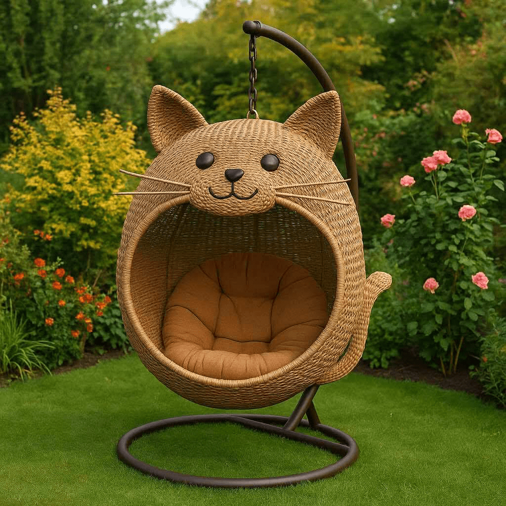 Wicker cat-shaped egg chair with tan cushion on green lawn surrounded by colourful flowers