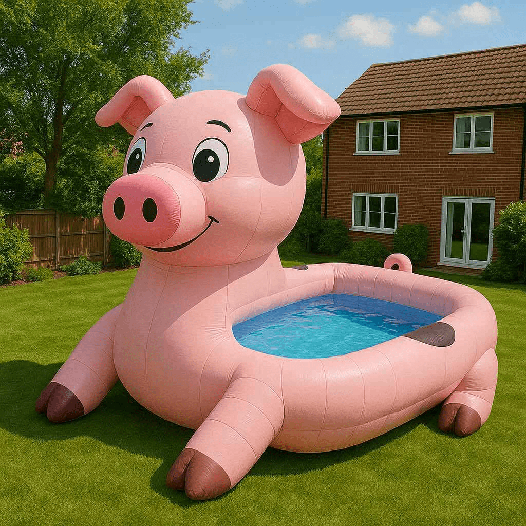  Pink pig-shaped inflatable paddling pool with curly tail and smiling face set in a garden