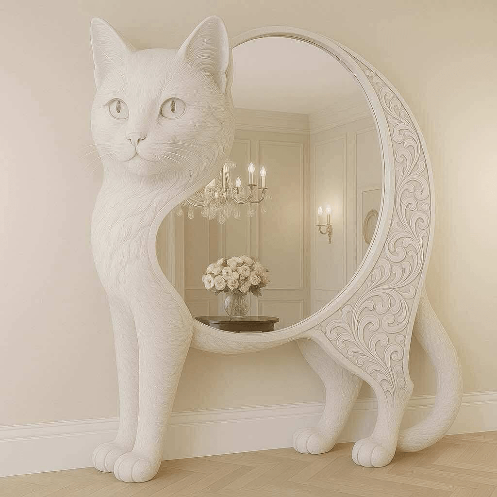 Full-length white cat mirror with artistic detailing in a chic, minimalist room
