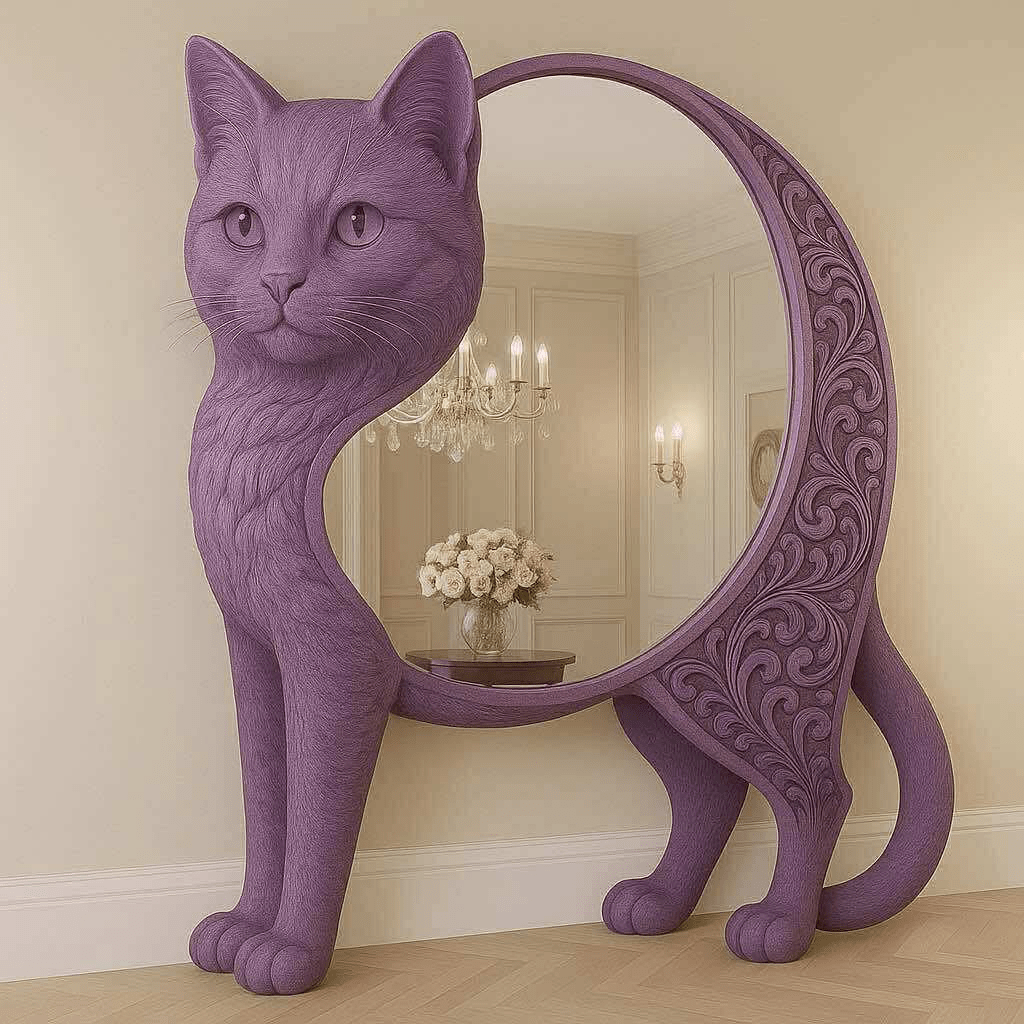 Artistic purple cat mirror with sculpted features in a classic, light-filled space