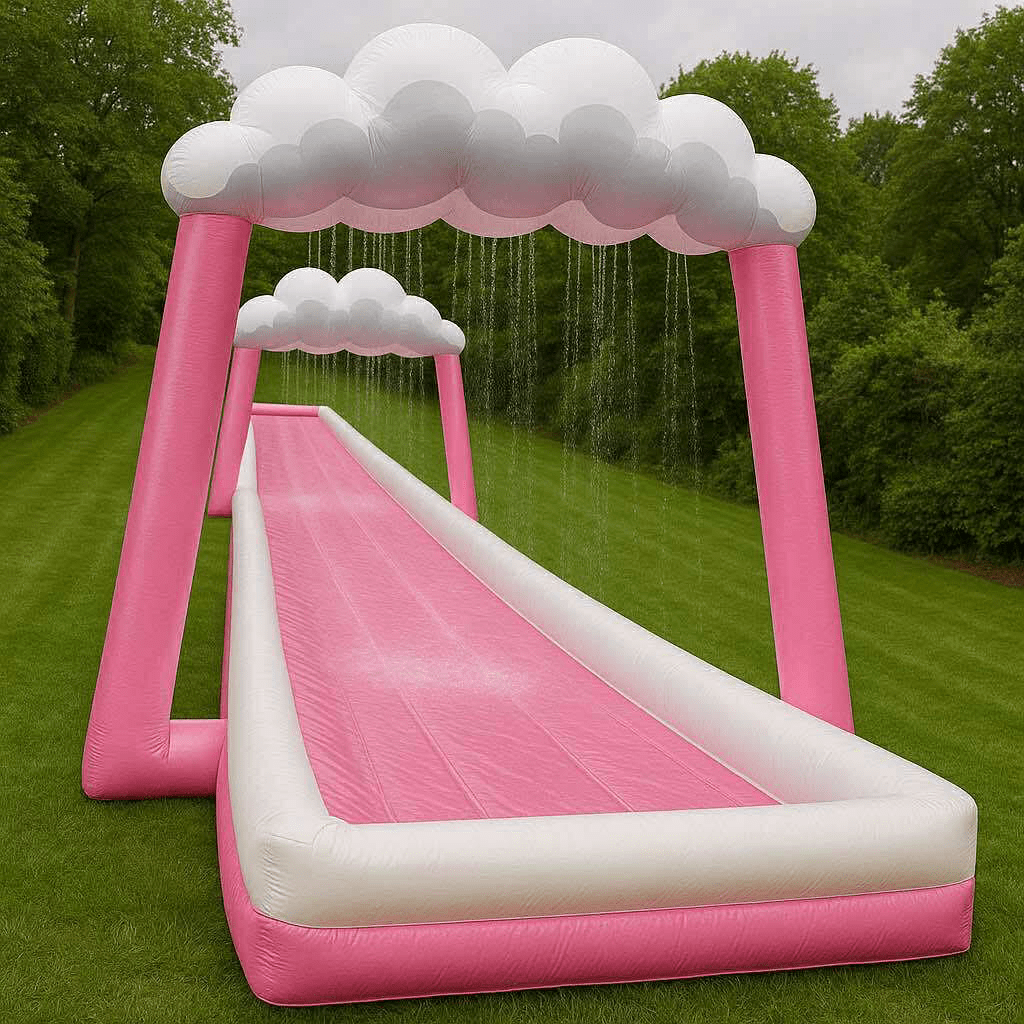 Pretty pink and white inflatable water slide tunnel with raining clouds over a garden lawn