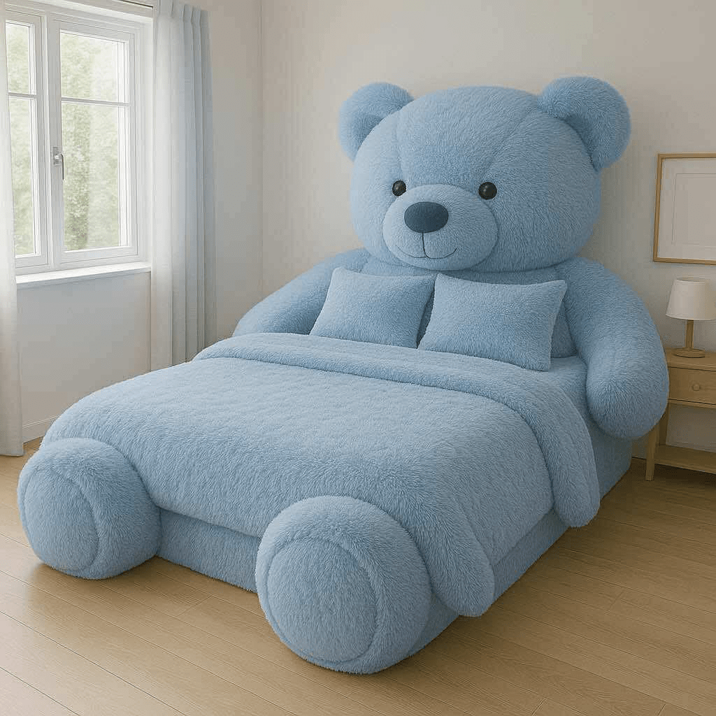 Blue teddy bear-themed bed in a minimalist bedroom with pale walls and soft natural lighting.