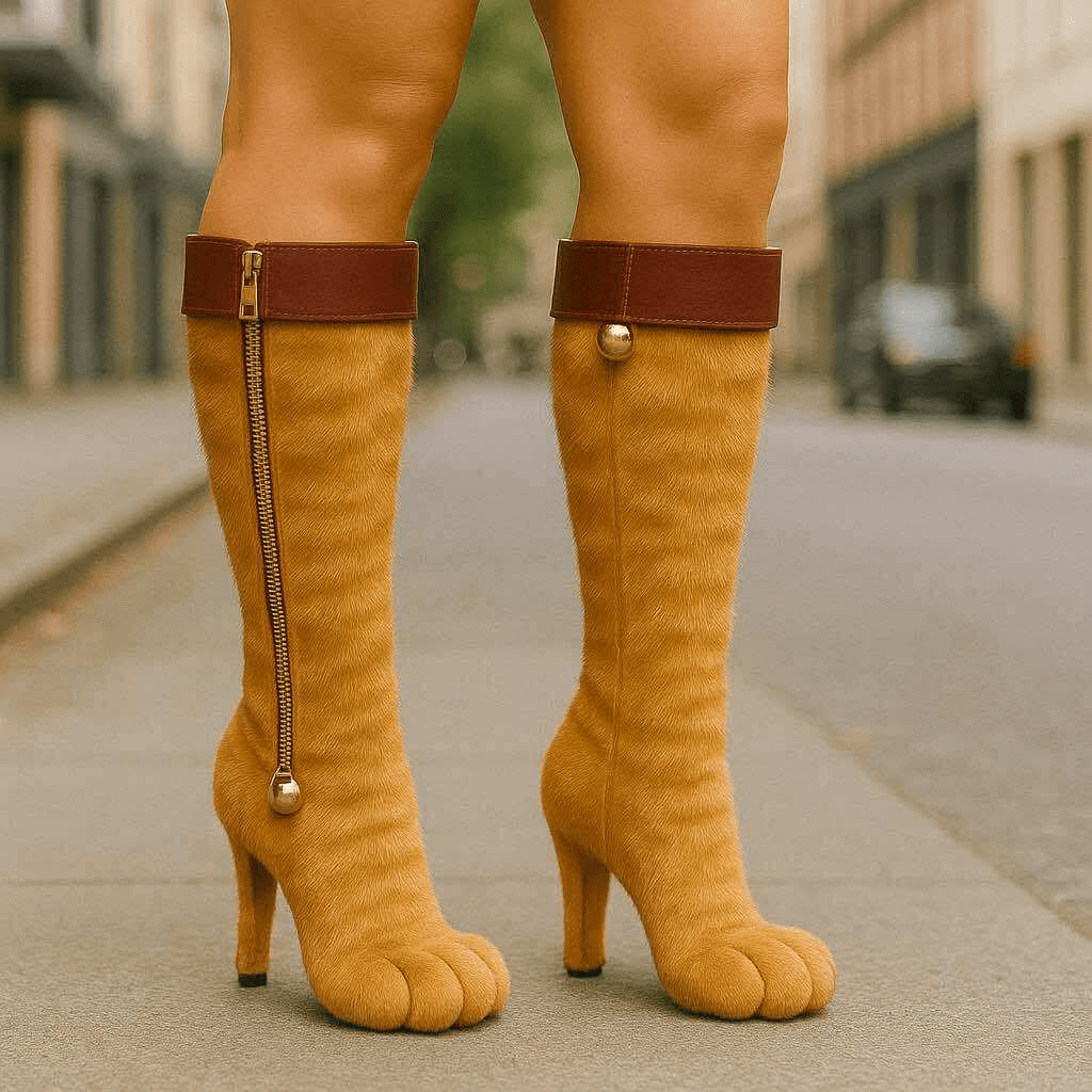Ginger cat paw boots with rich orange fur, brown leather trim, and golden bell details, worn outdoors.