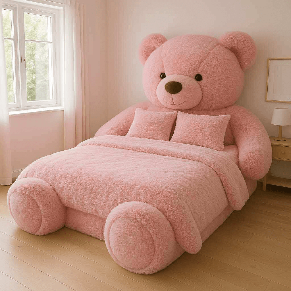 Oversized pink teddy bear-shaped bed creating a soft and charming vibe in a light-filled bedroom.