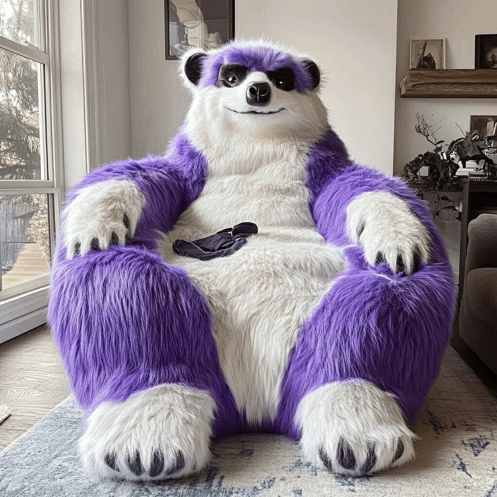 Plush purple and white meerkat-inspired chair placed by a window in a bright interior