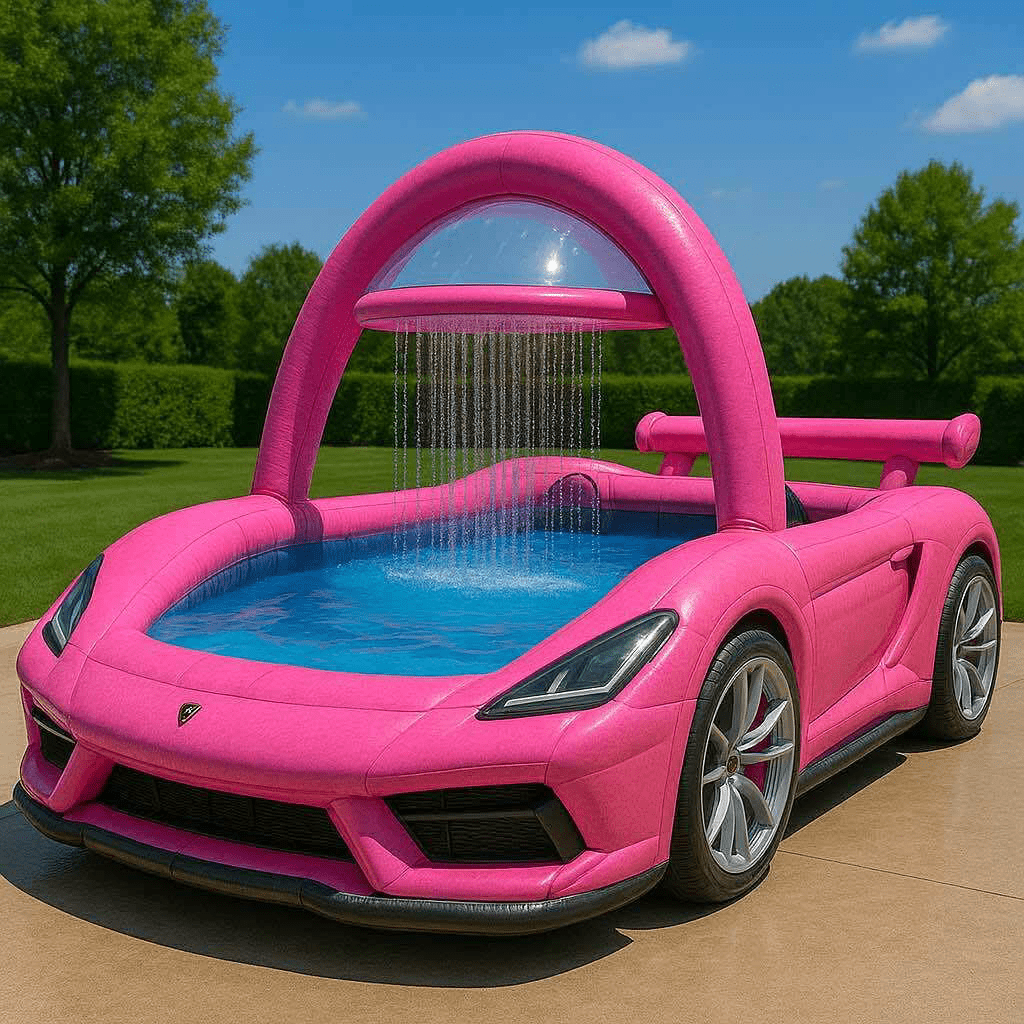 A pink car-shaped inflatable paddling pool with a curved water sprayer arch placed outdoors on a driveway.