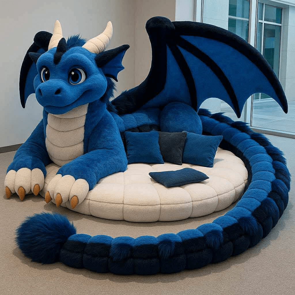 Large blue dragon-shaped sofa with circular cushioned seating and matching navy pillows.