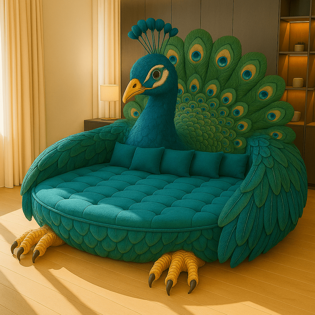 Peacock-shaped novelty sofa with intricate green and teal feather detailing in a stylish modern room.