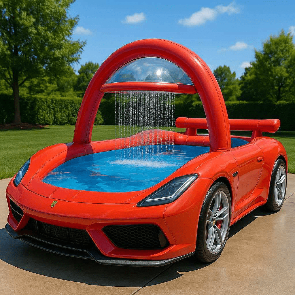 A bright red inflatable paddling pool shaped like a sports car with an overhead waterfall sprayer in a garden setting.
