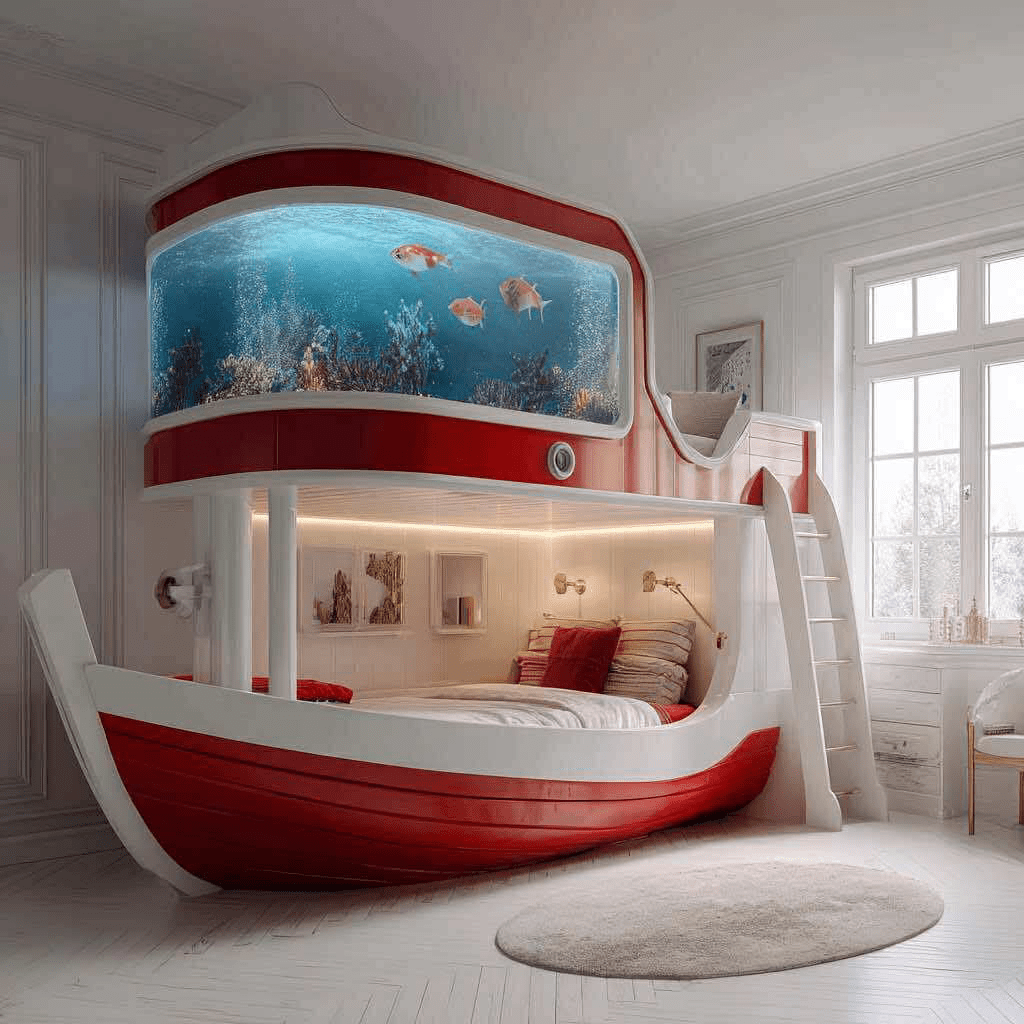 Red and white boat-shaped bunk bed featuring a curved aquarium filled with colourful fish.