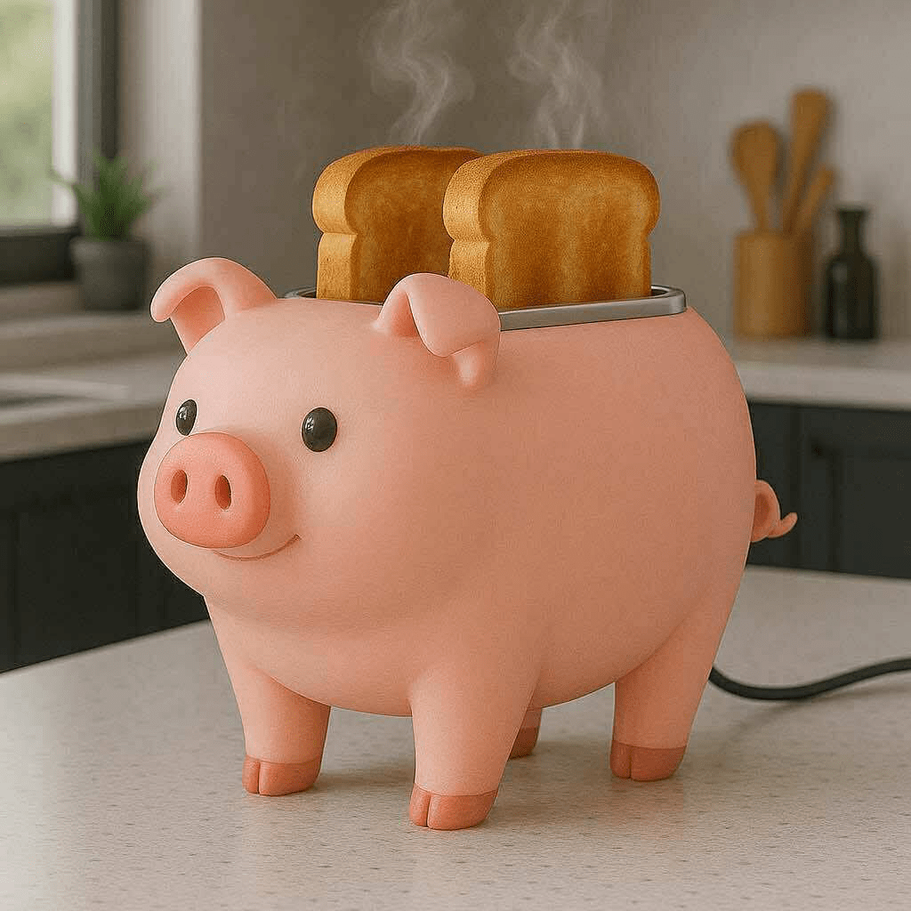 Adorable pink pig-shaped toaster with steam rising from two slices of toast on a kitchen counter.