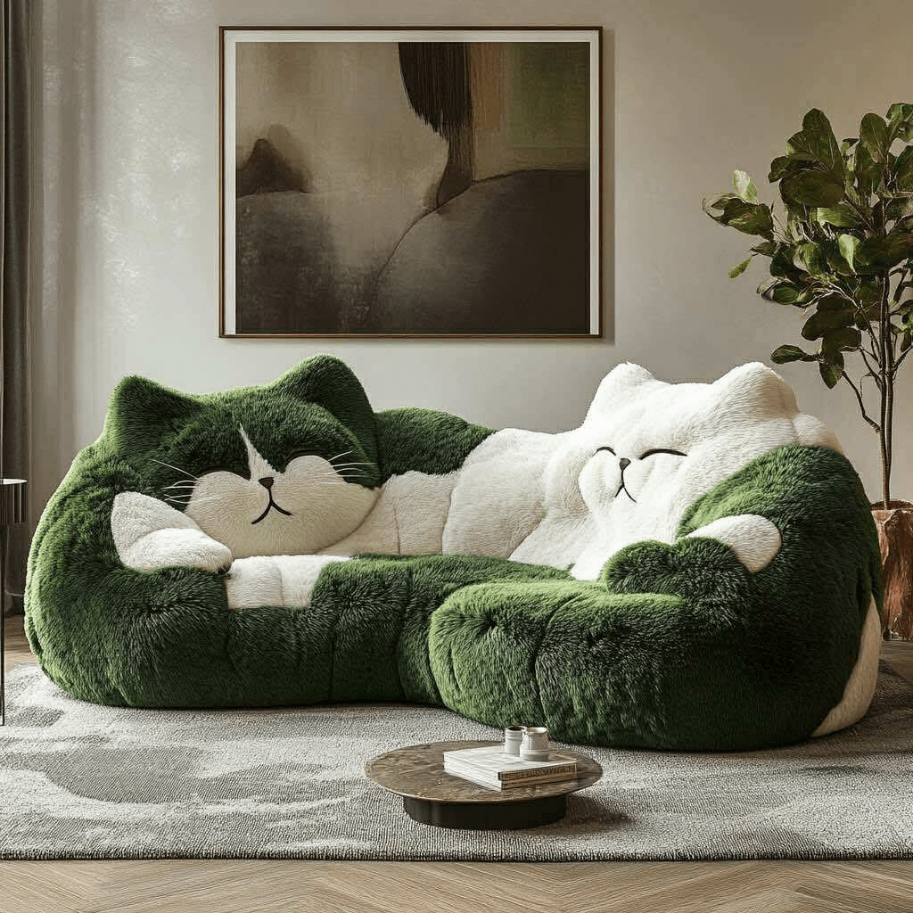 Soft green and cream furry cat-shaped sofa featuring two snuggly cats, placed in a minimalist lounge with modern art and plants.
