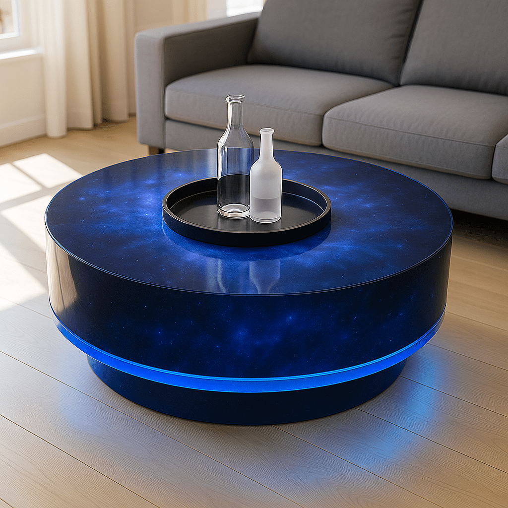  Vivid blue galaxy-themed coffee table with circular design and LED glow beside a light grey sofa.