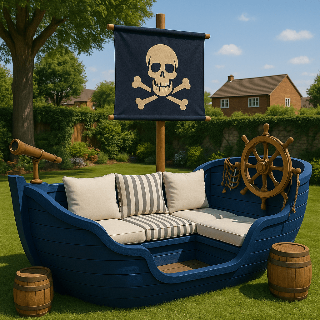 Blue garden sofa shaped like a pirate ship with cream and striped cushions and a navy skull flag