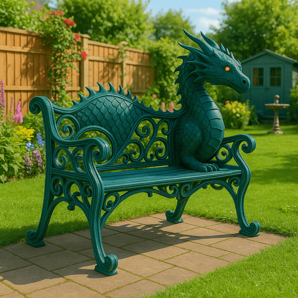 Vivid green dragon-themed garden bench with fantasy-inspired details and glowing eyes
