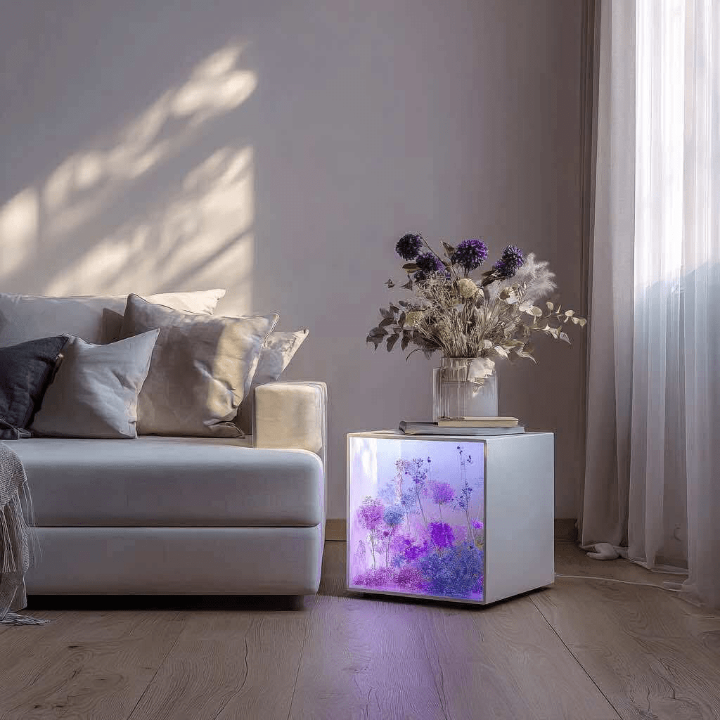  Illuminated purple floral side table beside a cream sofa with soft lighting in a modern living room.