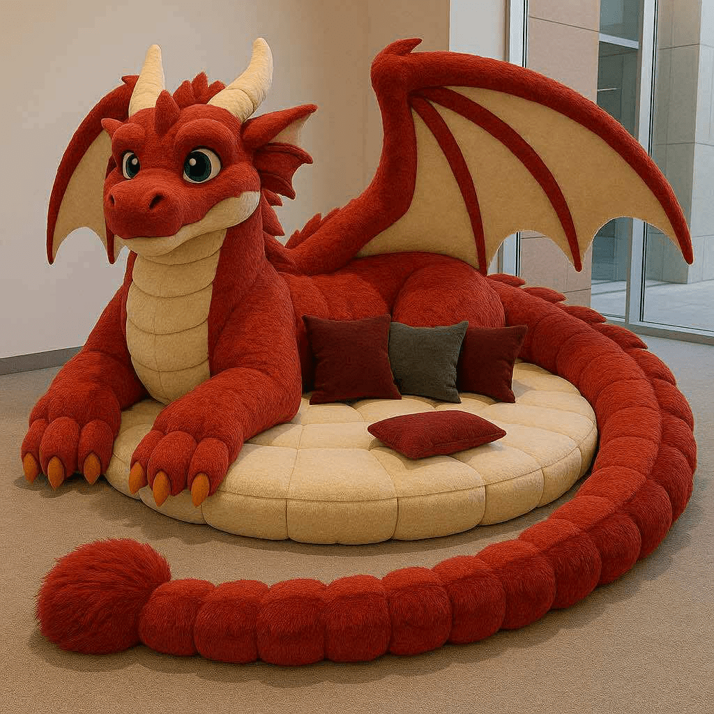  Large red dragon-shaped sofa with circular cushioned seating and matching red and dark pillows.
