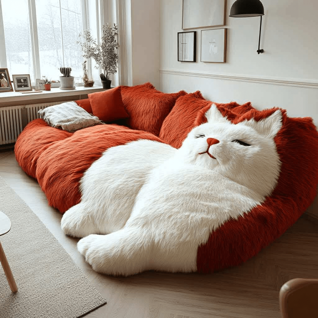 Oversized ginger and white furry cat-shaped sofa with realistic paws and a smiling face, placed in a bright and stylish living room.