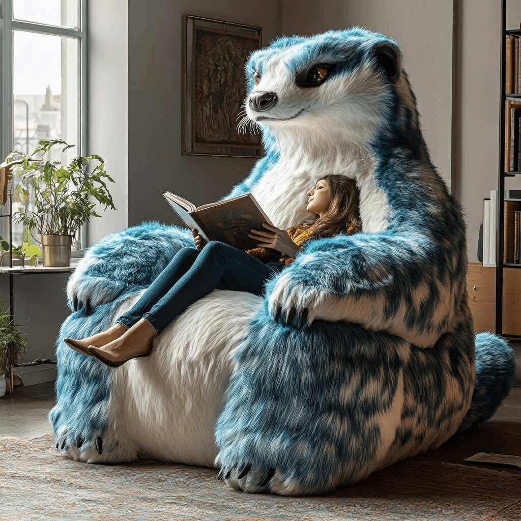 Woman reading a book while sitting in a fluffy blue striped meerkat chair in a relaxed setting