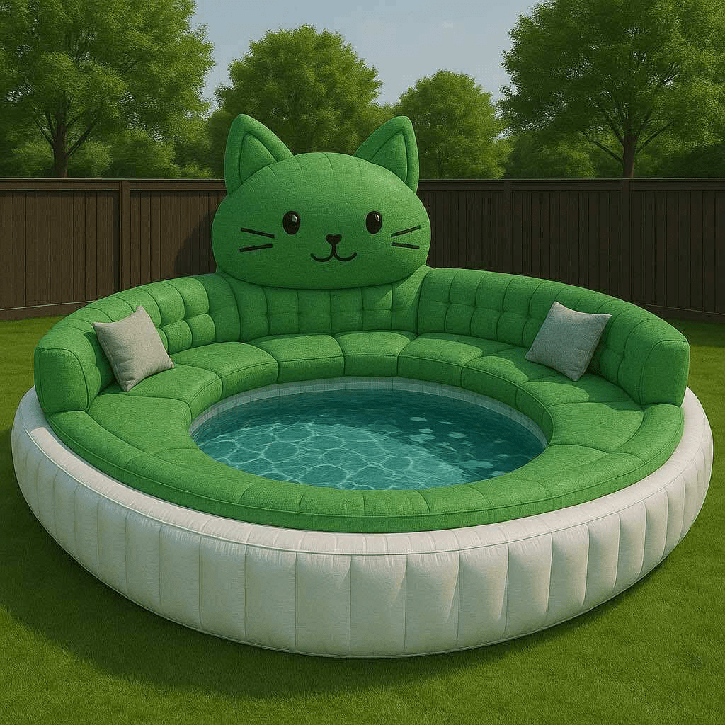 Green cat-shaped inflatable sofa pool with soft cushioned seating and a central paddling pool in a suburban garden.