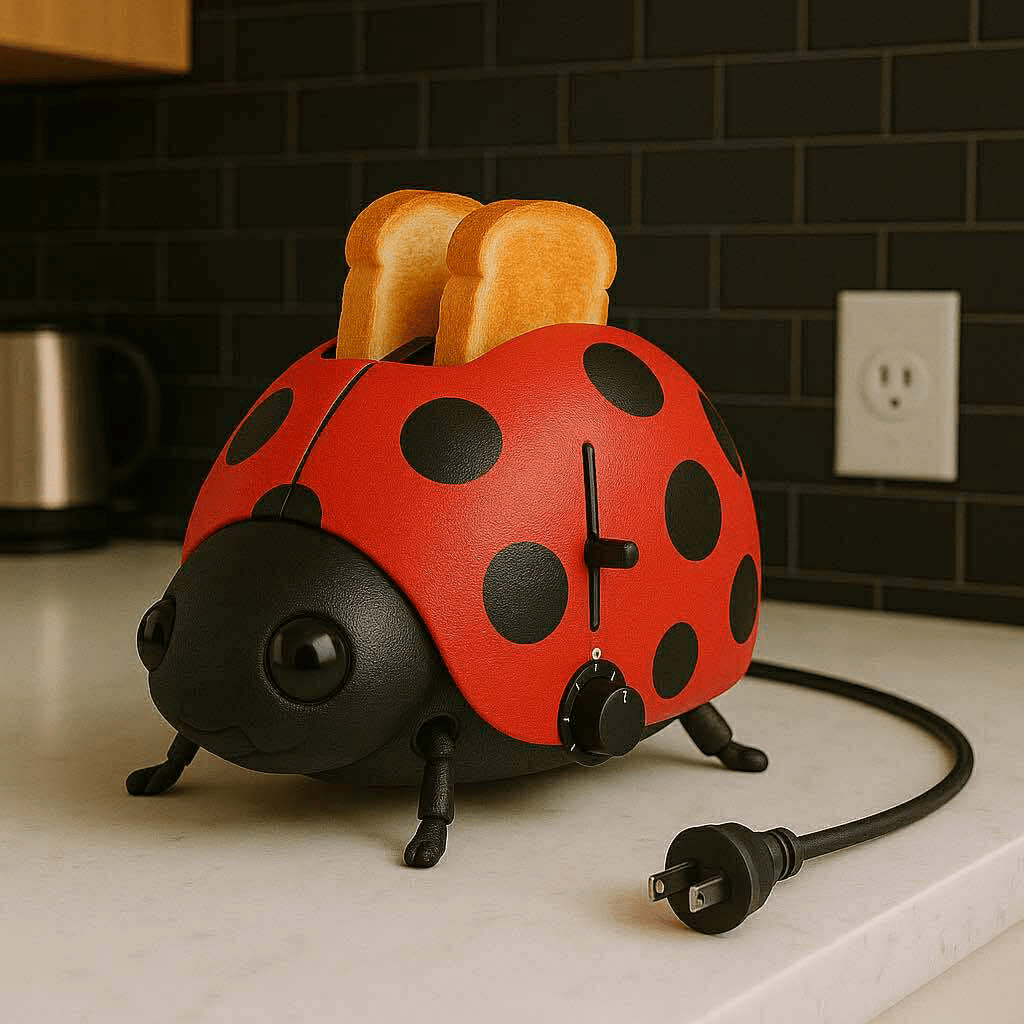 Ladybird-themed toaster with black spots and toast popping out on a white counter
