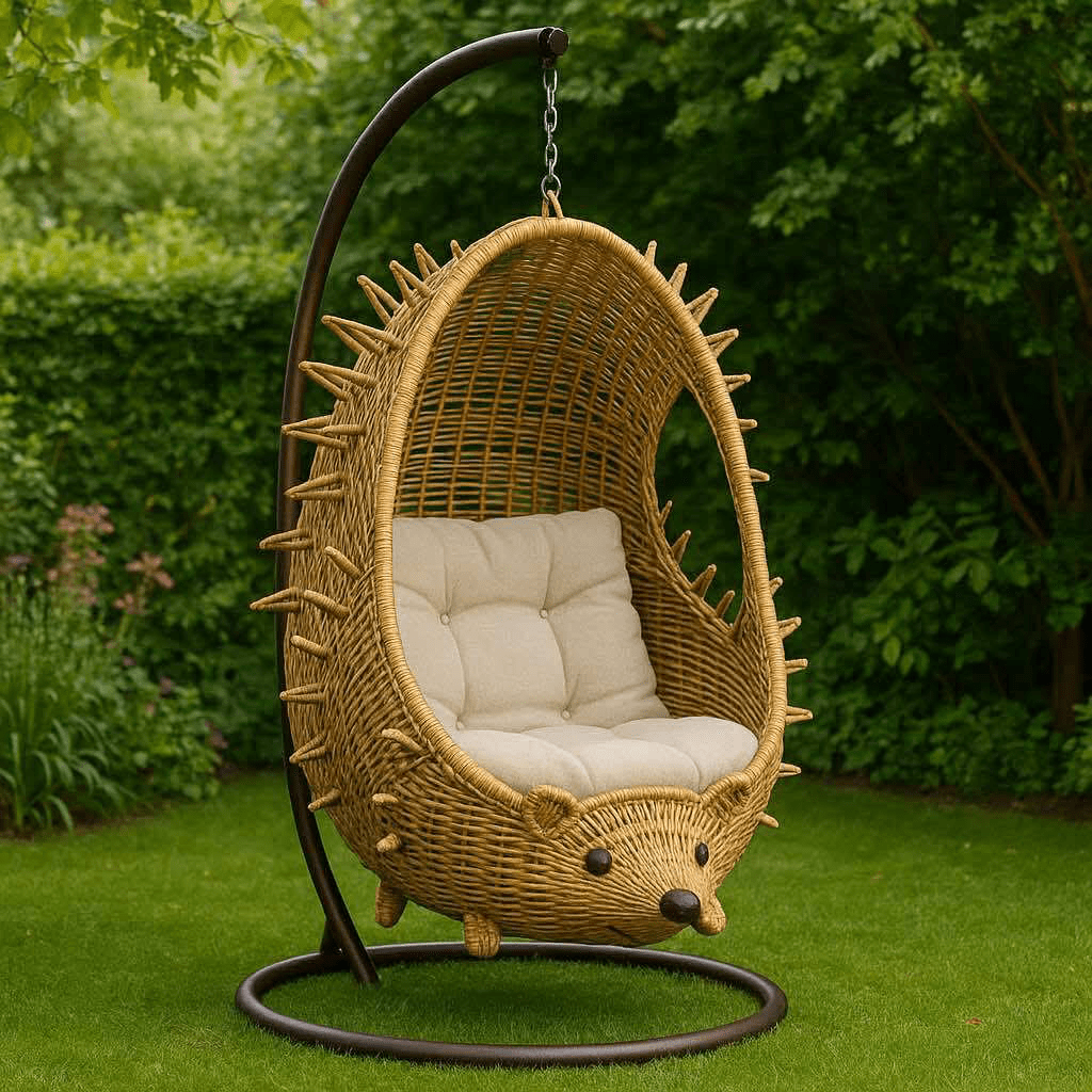 Hedgehog-shaped garden chair made of wicker with cream cushion and spike details