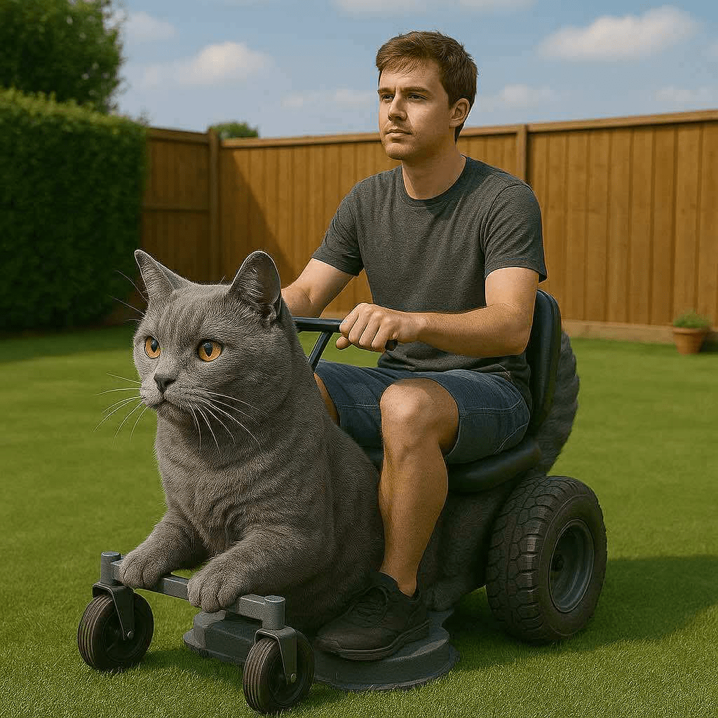 Young man riding a grey cat-shaped lawn mower across a well-trimmed garden