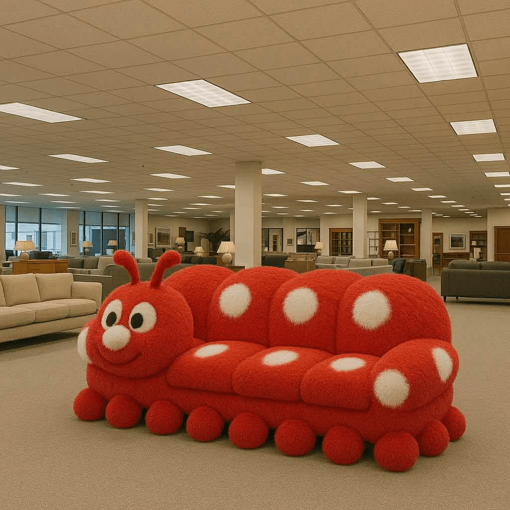 Bold red caterpillar sofa with white dots and fuzzy legs placed in a large showroom