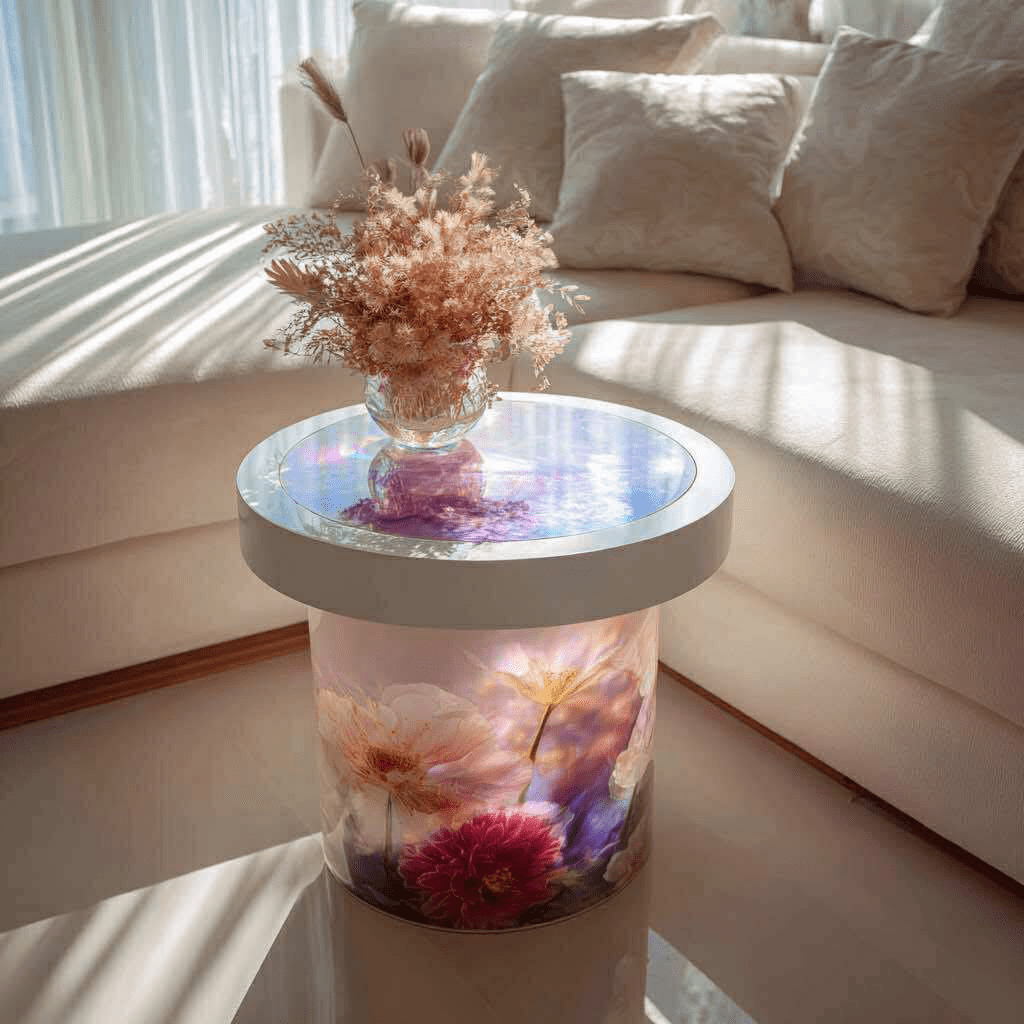 Round illuminated side table with soft pink and white flowers in a cosy cream-coloured living room.