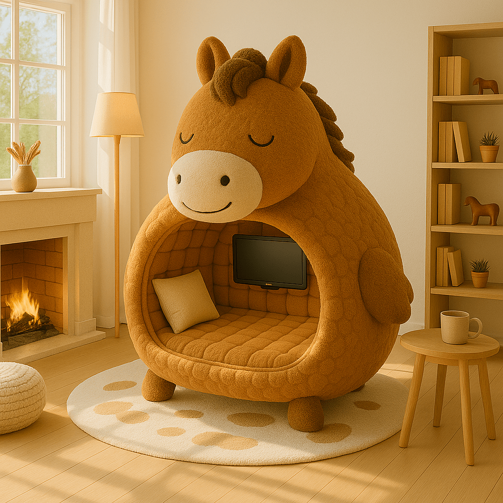Whimsical brown horse-shaped pod bed featuring a flat-screen TV and plush seating in a sunny room