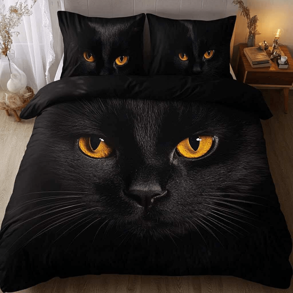 Black bedding set with a dramatic feline face and glowing amber eyes printed on duvet and pillows.
