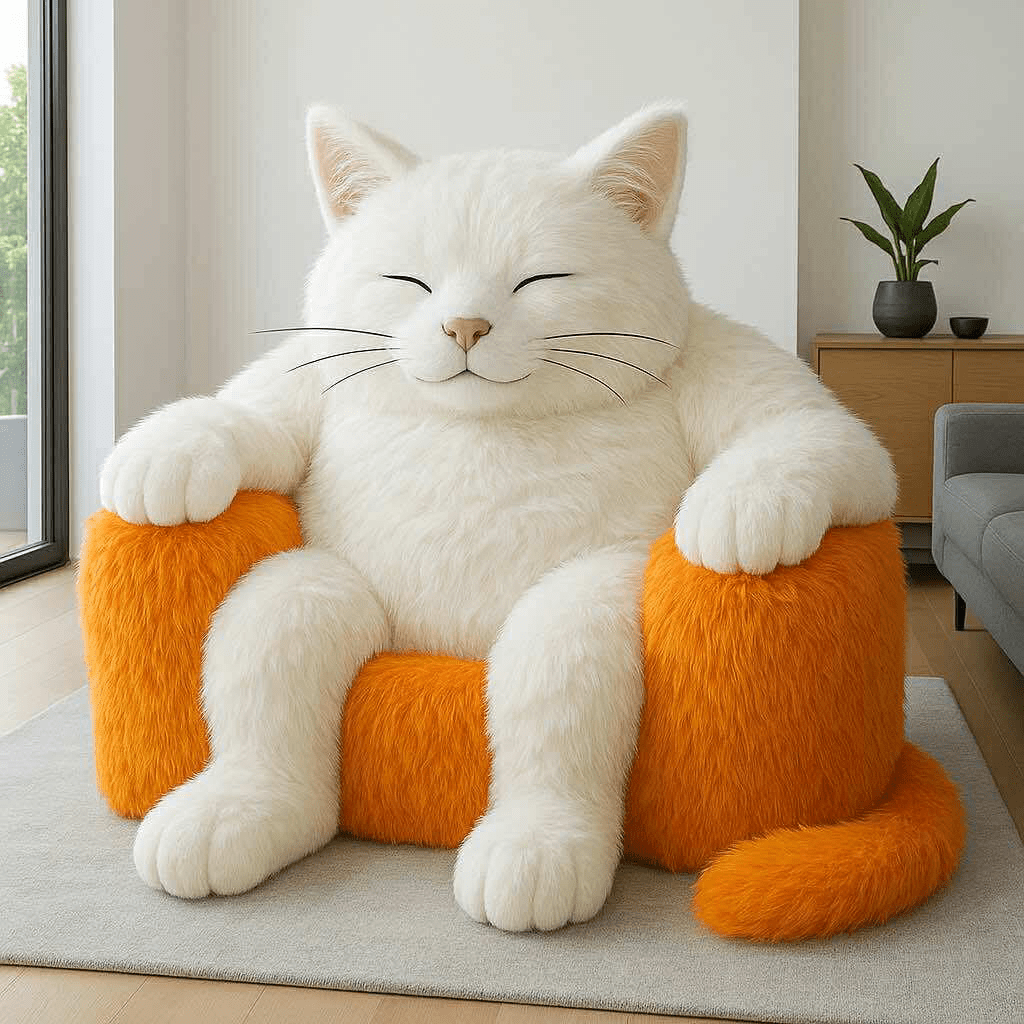 Oversized orange and white cat-shaped chair in a contemporary home interior