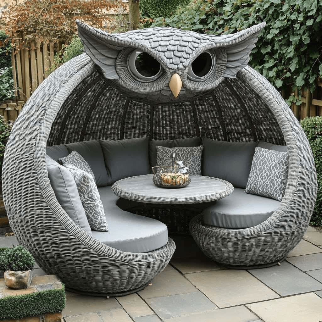 Grey owl-shaped garden sofa with matching rattan table and decorative pillows in a landscaped garden
