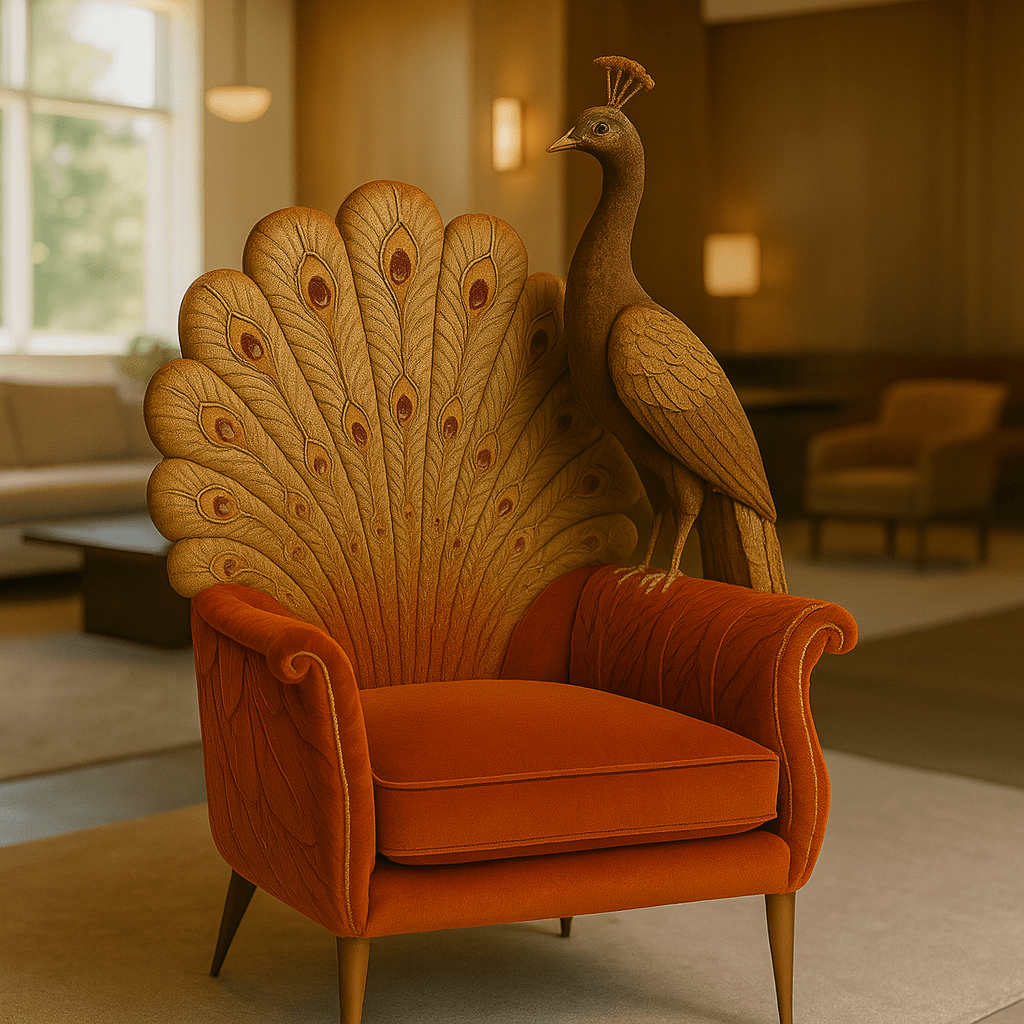 Burnt orange peacock armchair featuring golden embroidered feathers and a perched peacock sculpture on the arm.