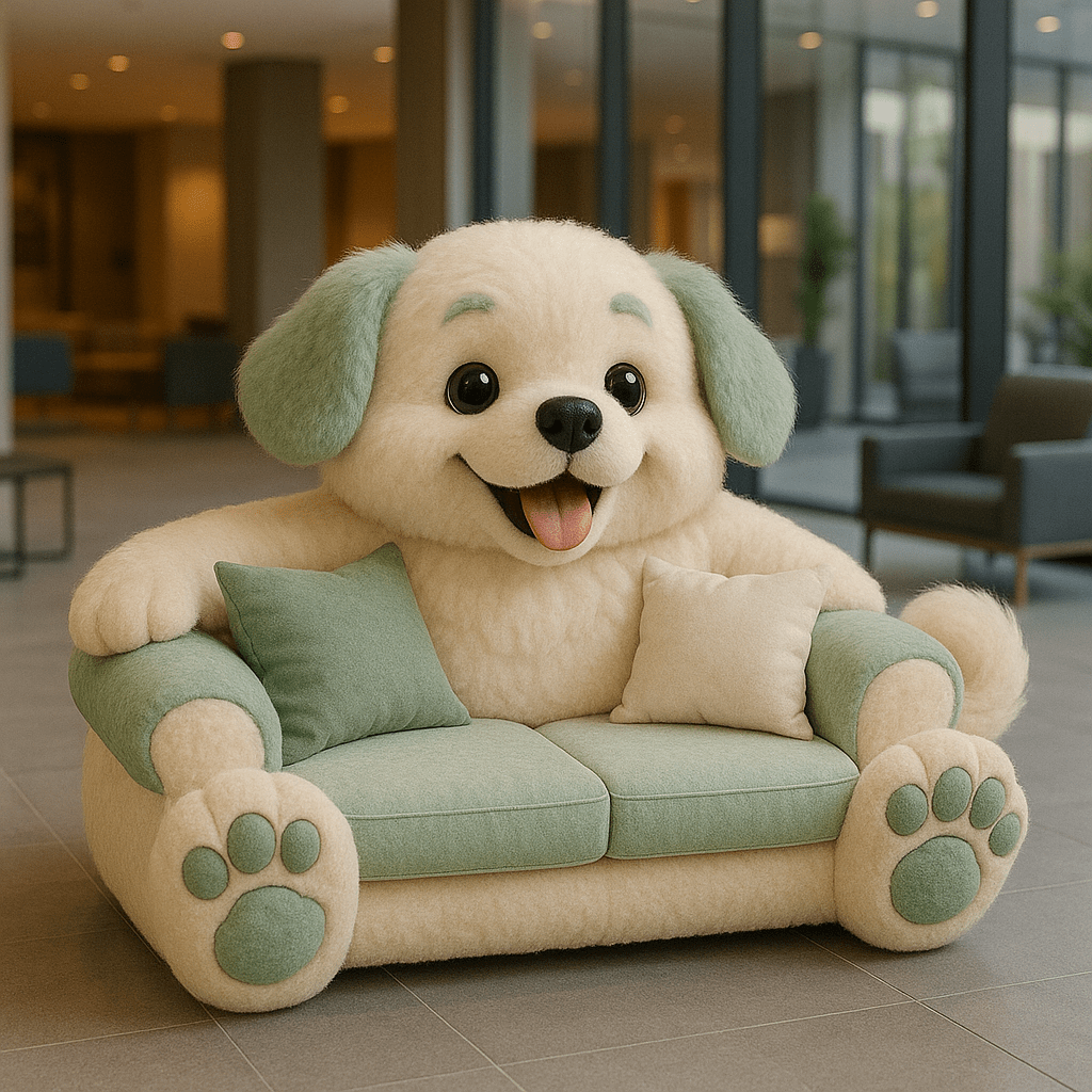 Oversized mint green and cream dog-shaped sofa with soft cushions and big smile