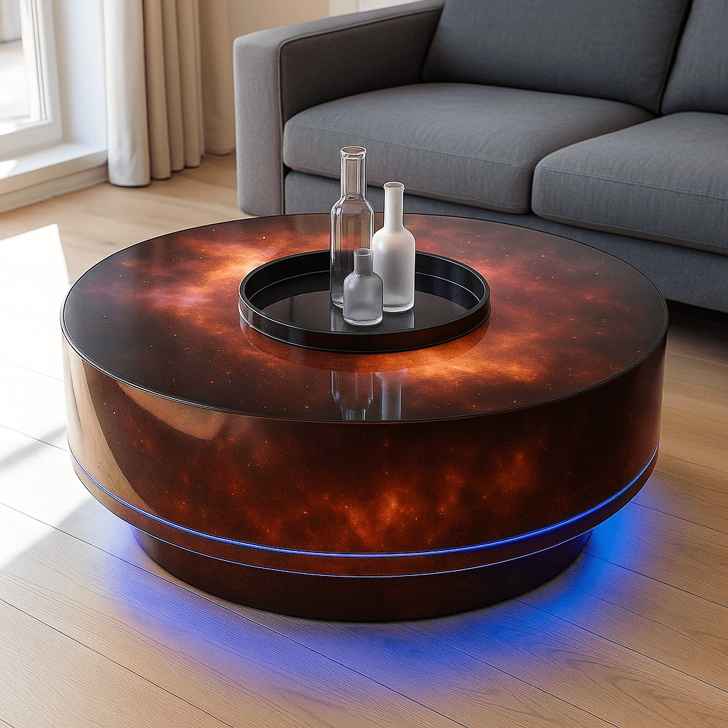  Red galaxy-themed round coffee table with glowing blue underlighting in a bright lounge.